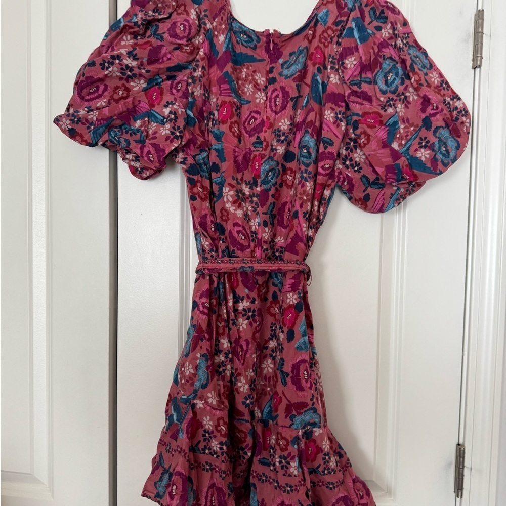FARM RIO Birds Blush Floral Puff Sleeve Belted Cotton Blend Dress Size XL - Picture 7 of 8